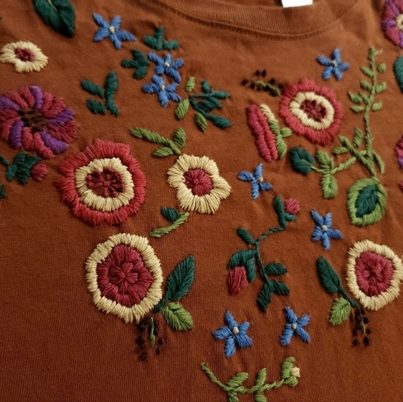 Vintage Brown Floral Embroidered Long Sleeve Crewneck Top sz XL - Picture 5 of 6